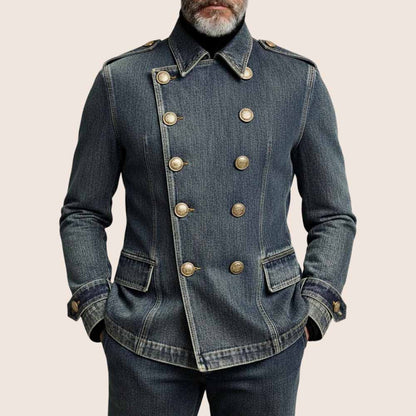 Mens Vintage Dark Blue Shirt Collar Long Sleeve Double Breasted Denim Jacket