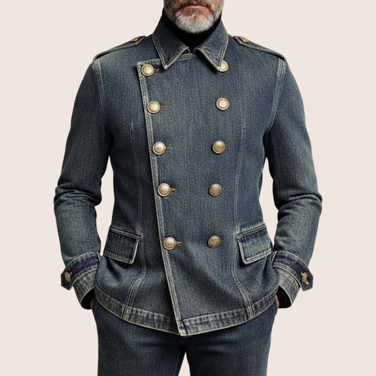 Mens Vintage Dark Blue Shirt Collar Long Sleeve Double Breasted Denim Jacket - 3amoto shop