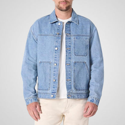 Men’s vintage denim motorcycle jacket in light blue wash