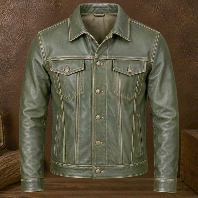 Forest-green men's leather jacket with pointed collar and chest flap pockets
