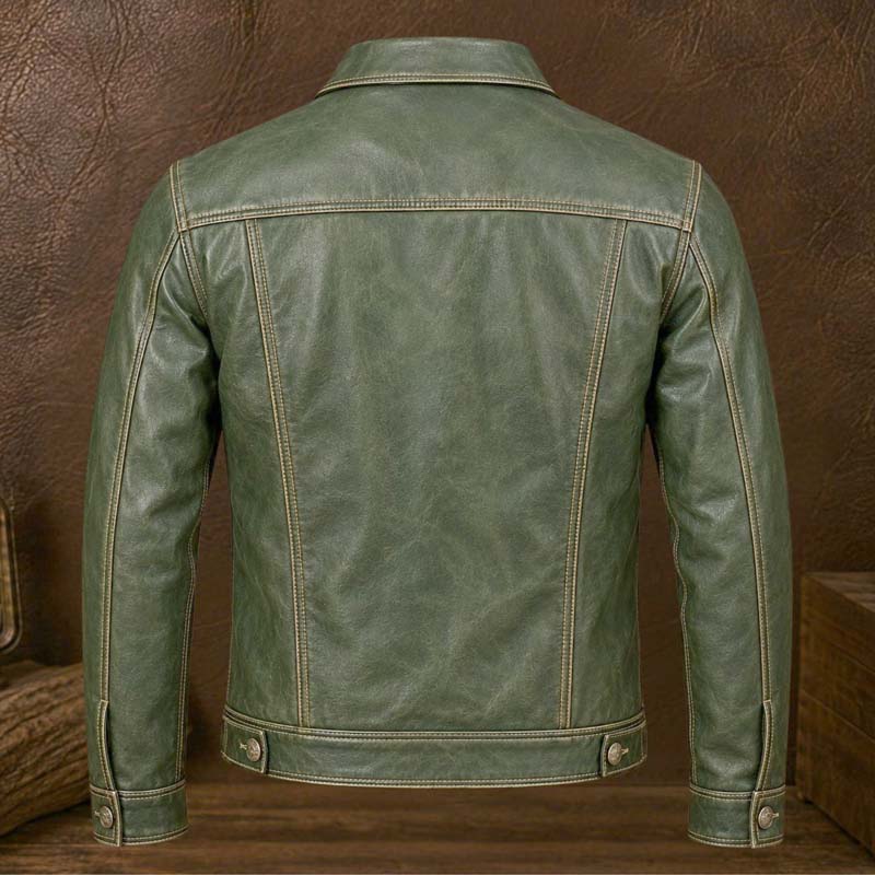 Men's retro green leather motorcycle jacket with contrast tan stitching