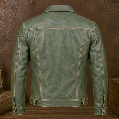 Men's retro green leather motorcycle jacket with contrast tan stitching