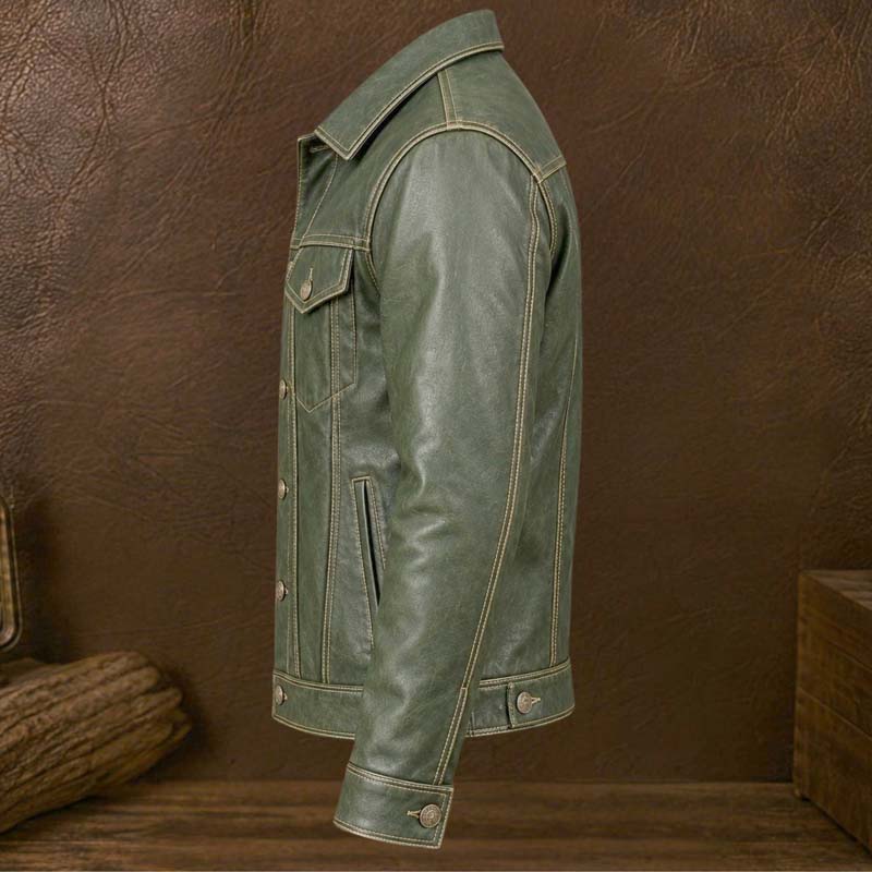 Vintage-style green leather trucker coat with four functional pockets