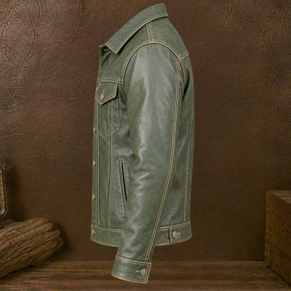 Vintage-style green leather trucker coat with four functional pockets