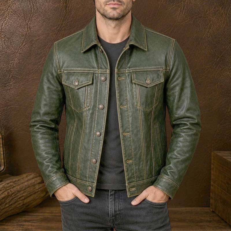 Men's vintage green leather trucker jacket with classic button front