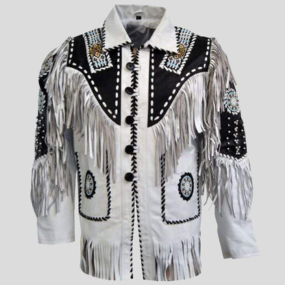 Men's White Black Suede Fringe Jacket - Stylish