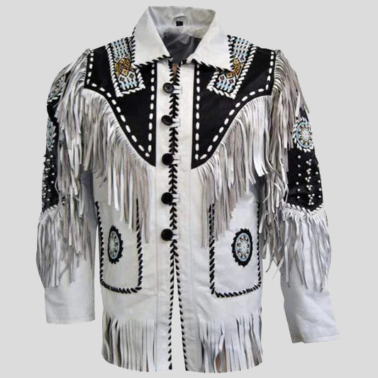 Men's White Black Suede Fringe Jacket - Stylish - Fashion Leather Jackets USA - 3AMOTO