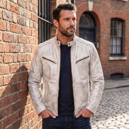 Men's white distressed leather cafe racer jacket by 3AMOTO
