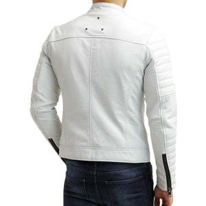 Men's White Leather Biker Jacket - Pure Lambskin, Slim Fit