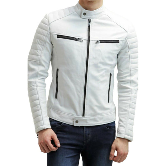 Men's White Leather Biker Jacket - Pure Lambskin, Slim Fit - Fashion Leather Jackets USA - 3AMOTO