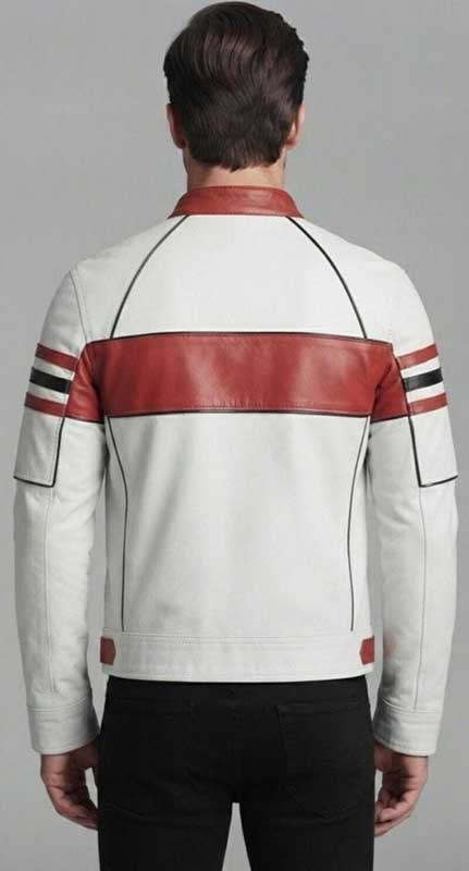 Genuine sheep leather vintage motorcycle jacket in white and red