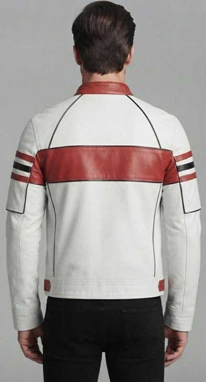Genuine sheep leather vintage motorcycle jacket in white and red