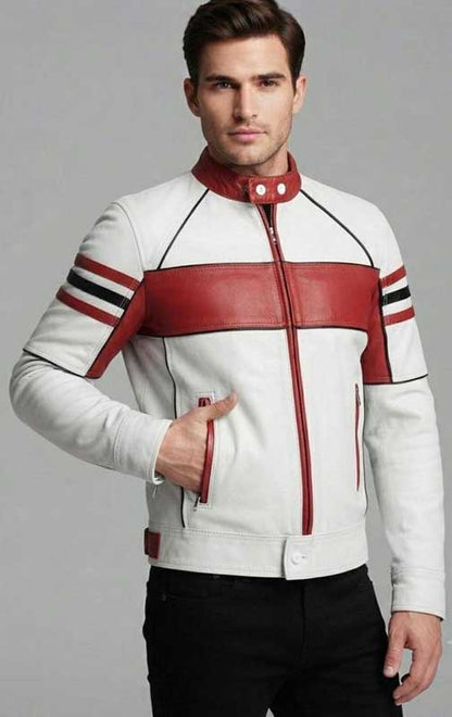 Premium white red cafe racer biker leather jacket for men by 3AMOTO