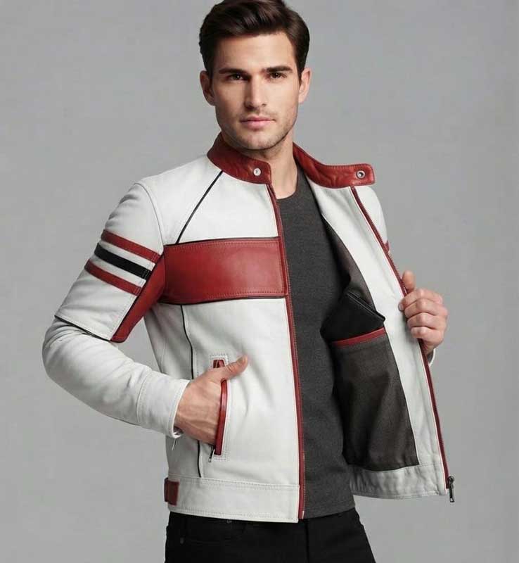 Men's White Red Sheep Leather Cafe Racer Jacket
