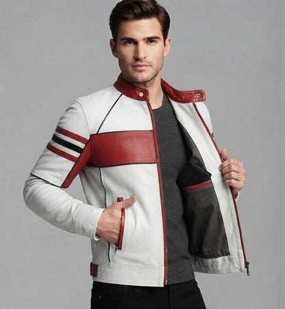Men's White Red Sheep Leather Cafe Racer Jacket