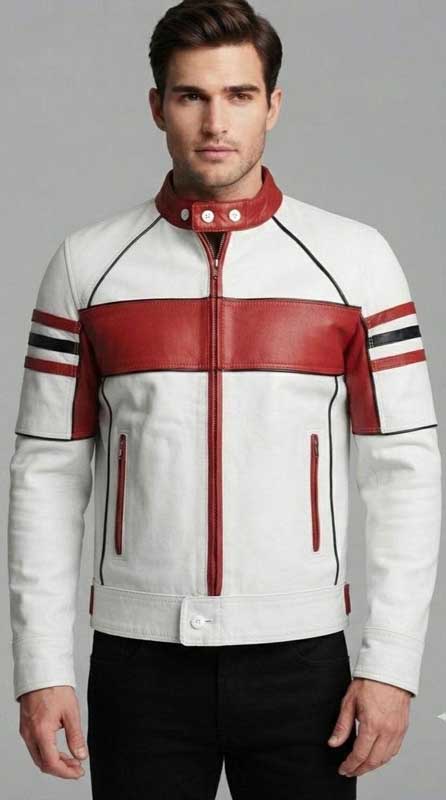 Men's white and red sheep leather cafe racer jacket by 3AMOTO