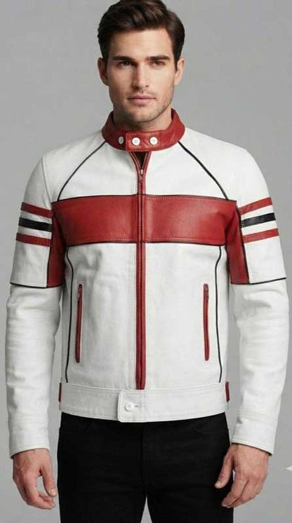 Men's white and red sheep leather cafe racer jacket by 3AMOTO