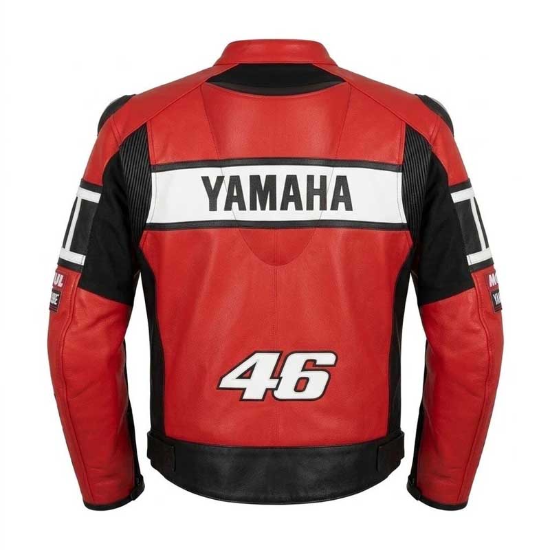 men's Yamaha racing motorcycle leather jacket with colorful panels.
