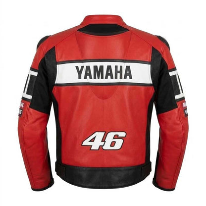 men's Yamaha racing motorcycle leather jacket with colorful panels.