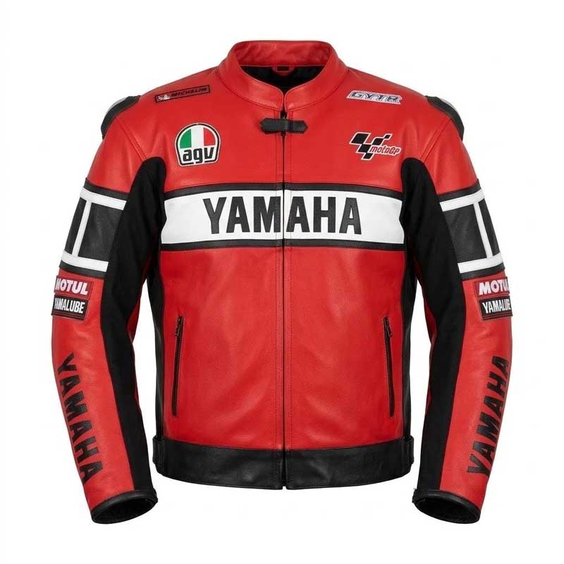Men's Yamaha-inspired red black and white genuine cowhide racing leather jacket.