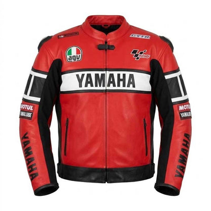 Men's Yamaha-inspired red black and white genuine cowhide racing leather jacket.