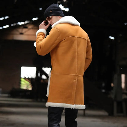 Men's Yellow Shearling Jacket - Long Leather Fur Coat