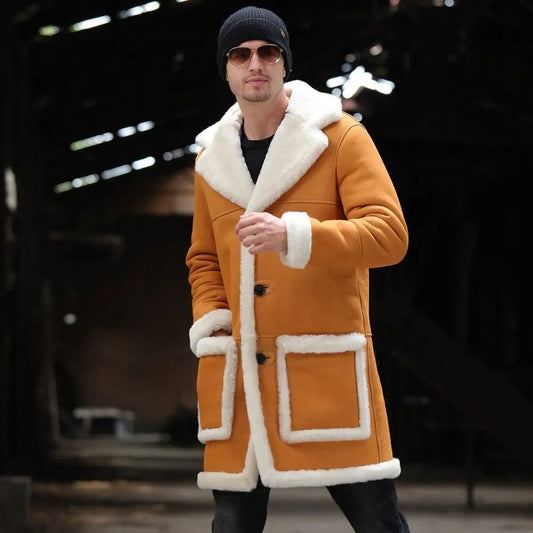 Men's Yellow Shearling Jacket - Long Leather Fur Coat - Fashion Leather Jackets USA - 3AMOTO