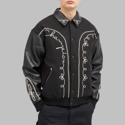mens black script varsity jacket with embroidered detail
