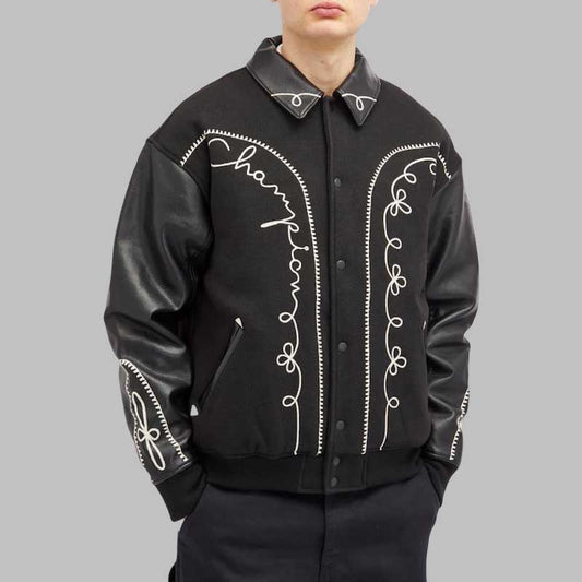 mens black script varsity jacket with embroidered detail - 3amoto shop
