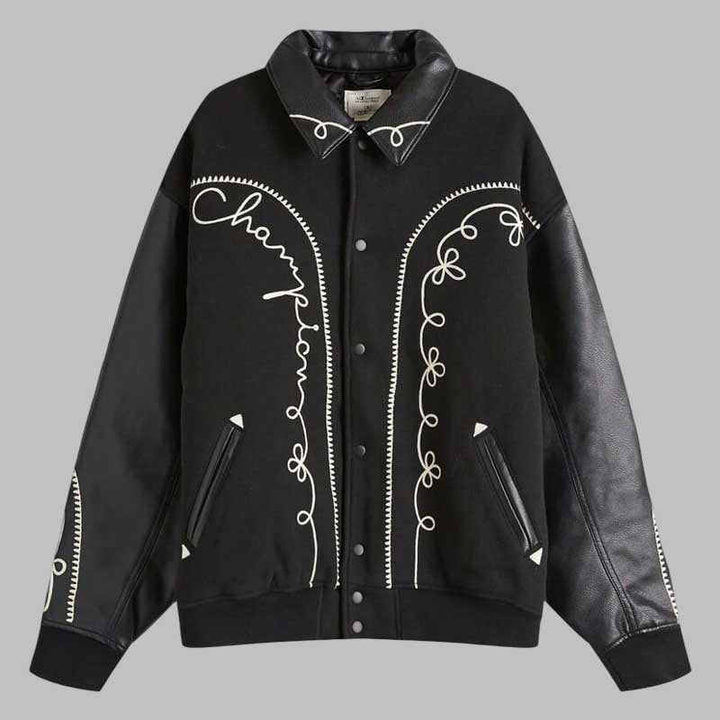 mens black varsity bomber jacket with ribbed hem