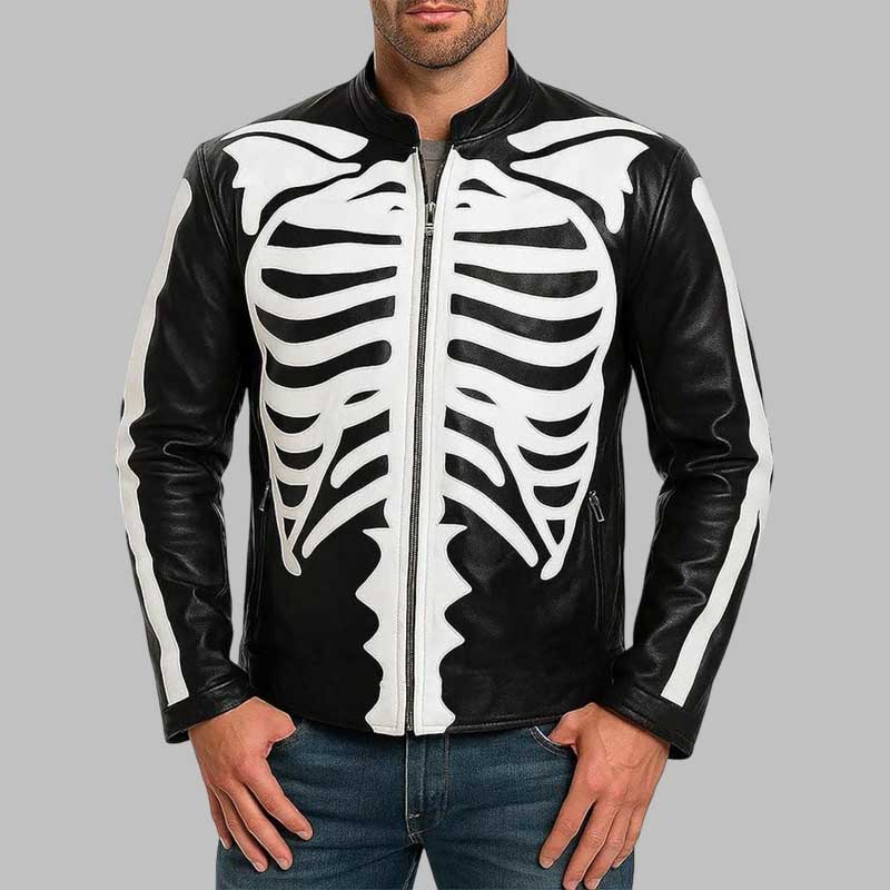 mens gothic skeleton biker leather jacket in black