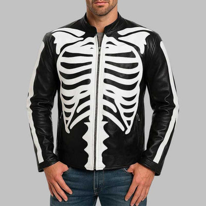 mens gothic skeleton biker leather jacket in black