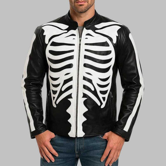 mens gothic skeleton biker leather jacket in black - 3amoto shop
