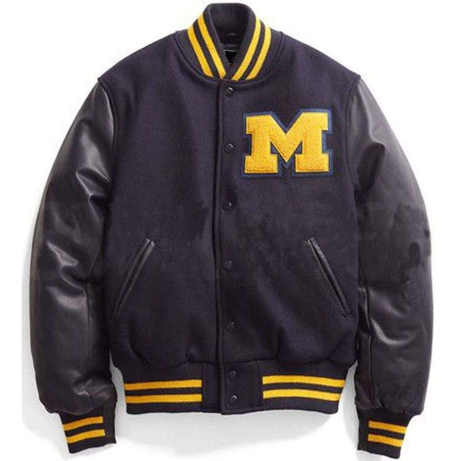 Shop Michigan Black Wool and Leather Sleeve Varsity Jacket