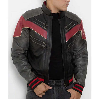 Black and red Miles Morales superhero leather jacket with gold trim