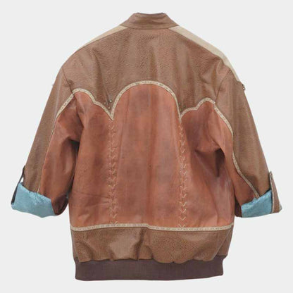 Handmade fantasy leather jacket with blue silk brocade lining