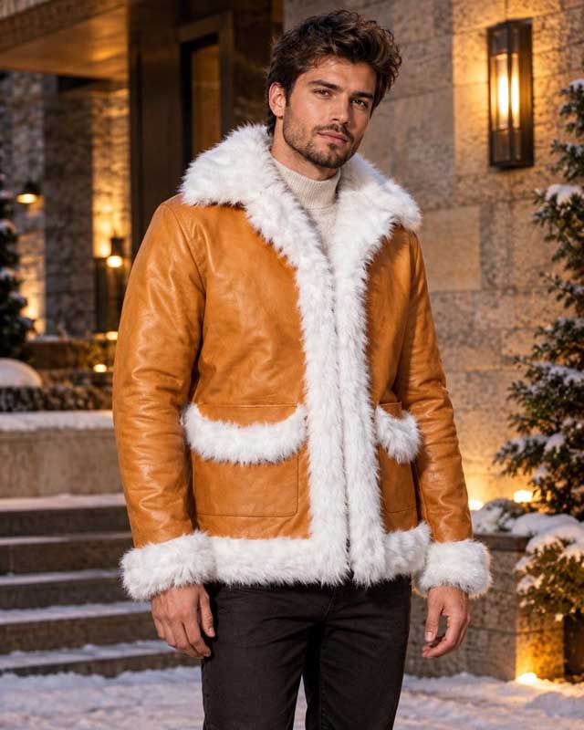 Tan Hawks cosplay leather coat with fur-trimmed front pockets