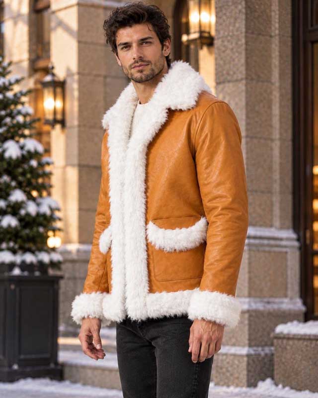 Tan leather anime cosplay jacket with white faux fur cuffs