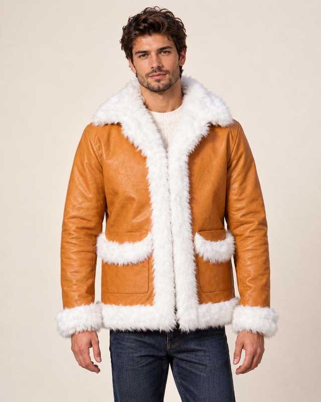My Hero Academia Hawks jacket in tan lambskin leather with white faux fur collar