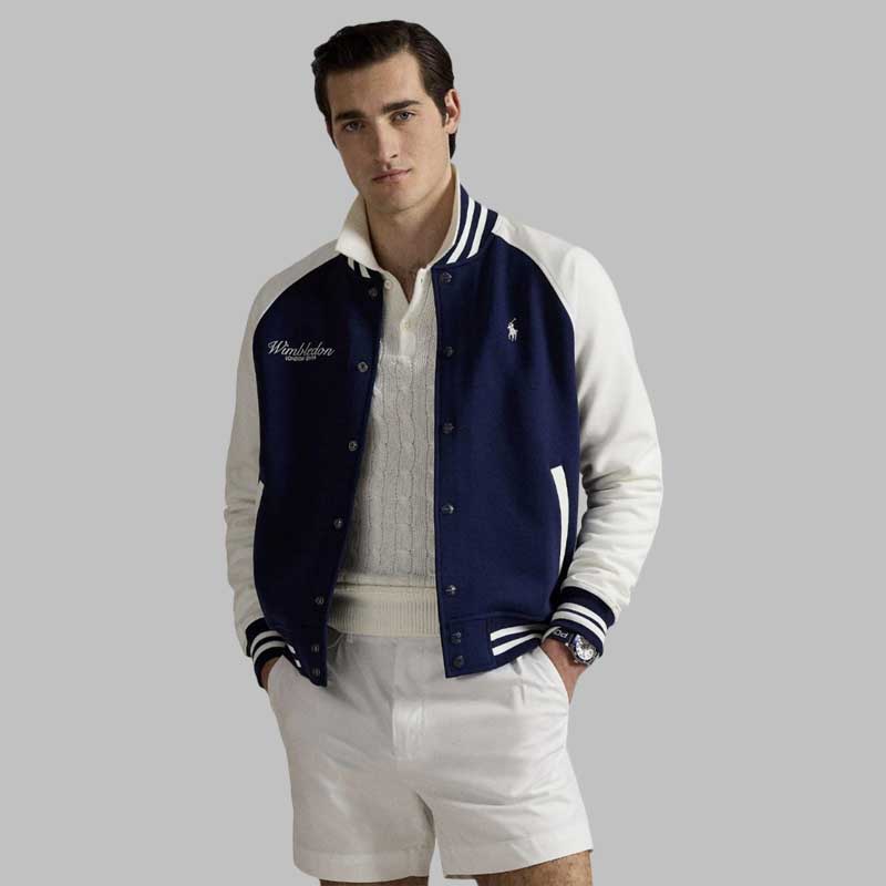 Stylish men's navy varsity jacket with white sleeves