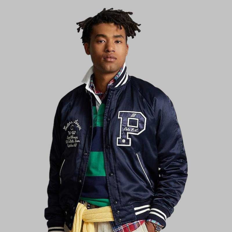 navy varsity bomber jacket with satin finish