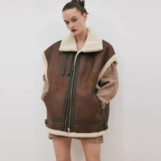 New Chocolate Brown Women's Aviator Sheepskin Leather Vest - Fashion Leather Jackets USA - 3AMOTO