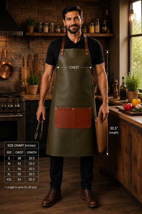 Full grain leather work apron with cognac leather cross-back straps