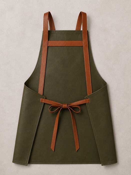 Olive green leather BBQ apron with large front utility pocket