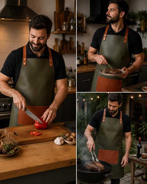 Handmade olive green cowhide leather apron with utility pocket
