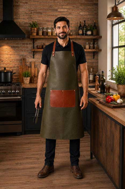Olive green full grain leather apron with cognac cross-back straps