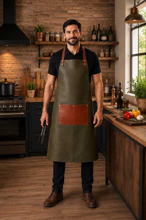 Olive green full grain leather apron with cognac cross-back straps - 3amoto shop