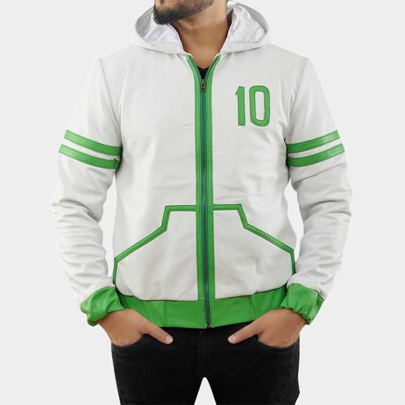 Green and white genuine leather hoodie jacket for cosplay events