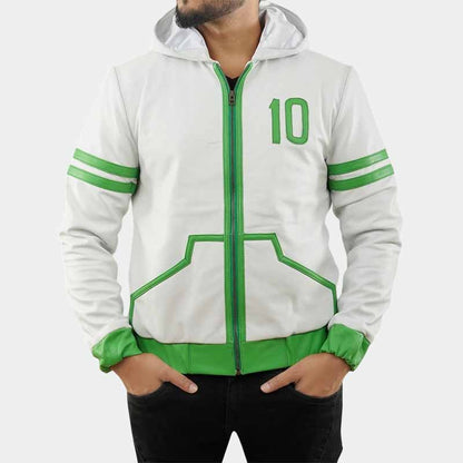 Green and white genuine leather hoodie jacket for cosplay events