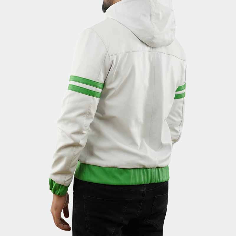 Handmade sheepskin leather cosplay hoodie jacket in green and white